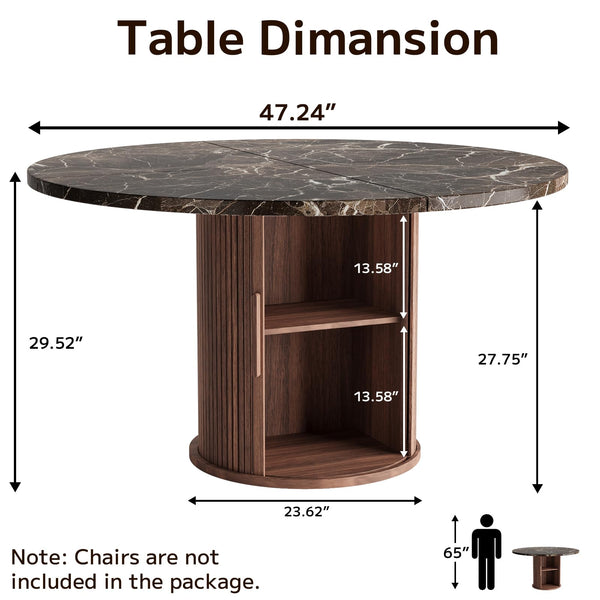 Round Dining Table 47 Inch with Storage Shelf & Marble Top