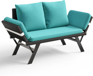 Outdoor Convertible Wicker Loveseat with Adjustable Armrests & Cushions