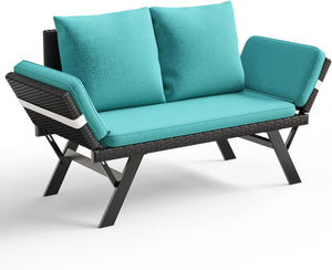 Outdoor Convertible Wicker Loveseat with Adjustable Armrests & Cushions