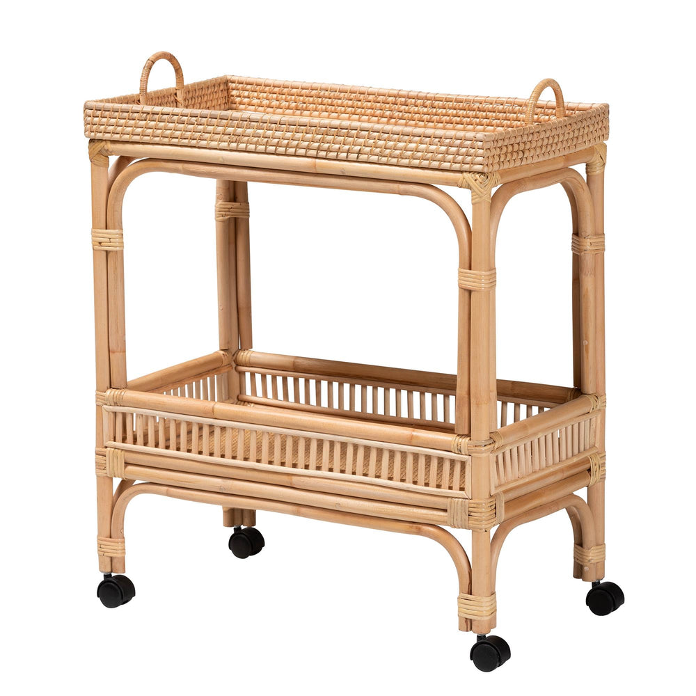 2-Tier Natural Rattan Wine Cart with Caster Wheels