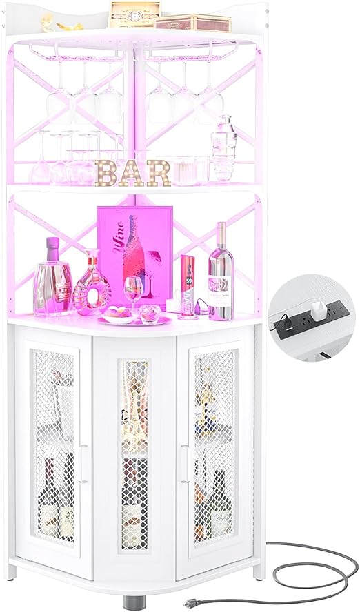 Corner Bar Cabinet with Power Outlet & LED Lights – 5-Tier Wine & Liquor Storage