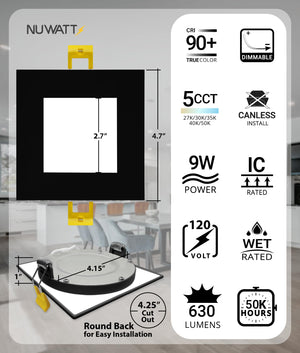 4-Inch Square Ultra-Thin LED Recessed Light – 5CCT Selectable, Dimmable, IC Rated (12-Pack)