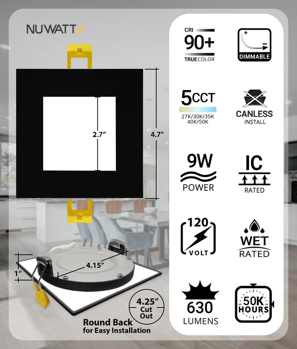 4-Inch Square Ultra-Thin LED Recessed Light – 5CCT Selectable, Dimmable, IC Rated (12-Pack)