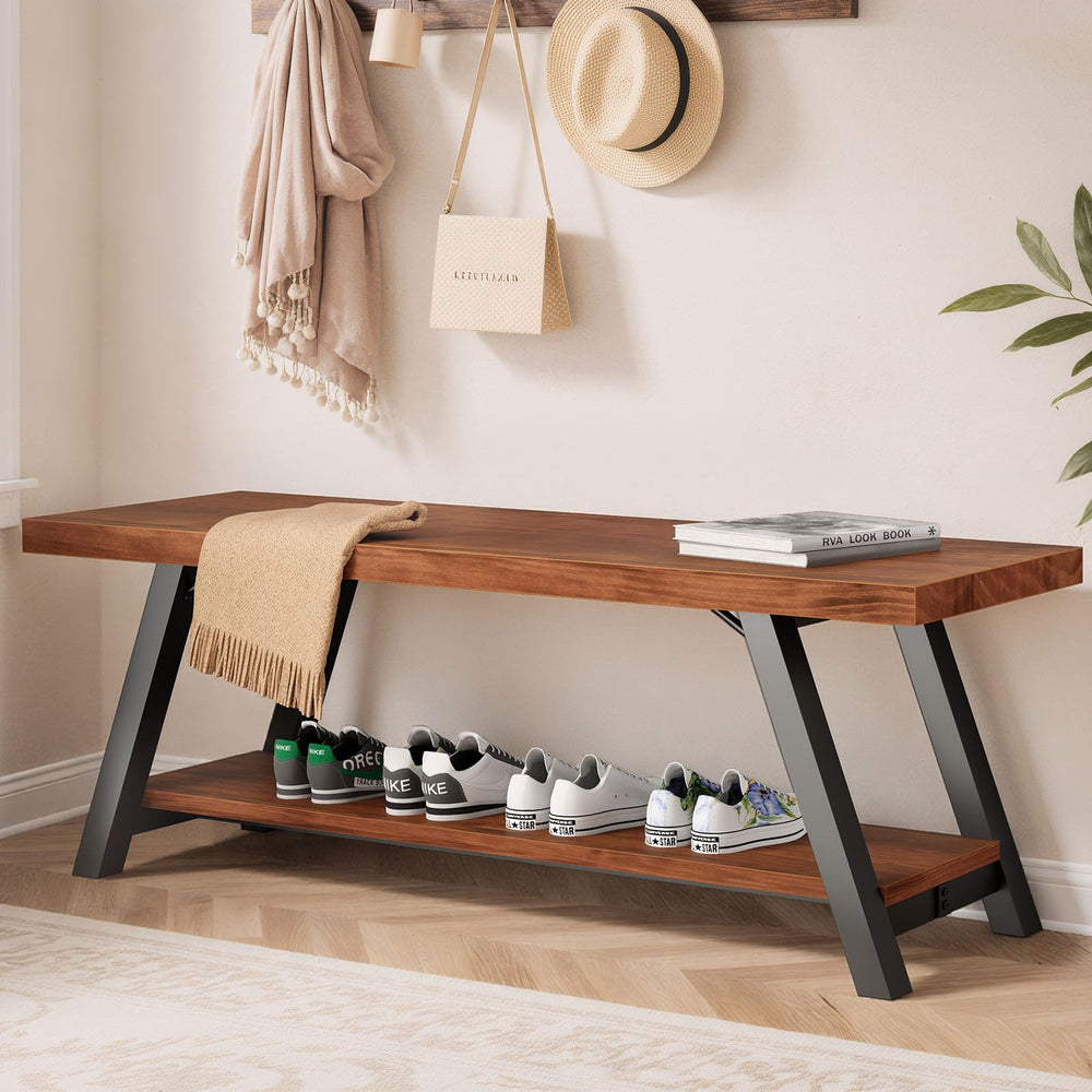 Rustic Wood Entryway Bench with Storage Shelf