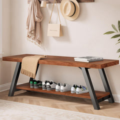 Rustic Wood Entryway Bench with Storage Shelf