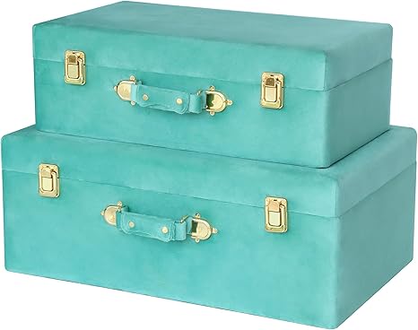 Velvet Storage Trunks Set of 2 with Wood Frame & Gold Hardware