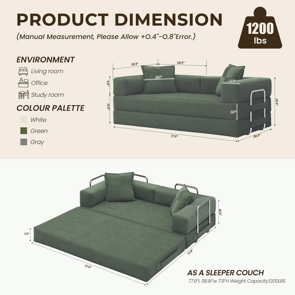 Convertible Sofa Bed with Pull-Out Sleeper | Corduroy Futon Couch | No Assembly