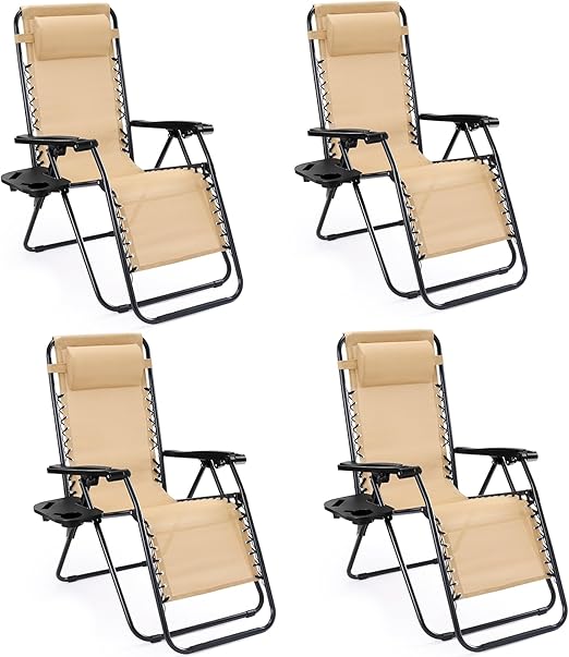 Zero Gravity Outdoor Lounge Chair Set of 2 with Cup Holder & Adjustable Pillow