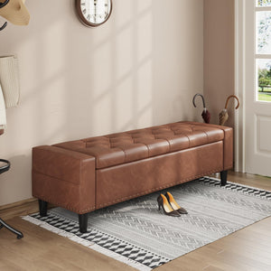 60" Upholstered Storage Ottoman Bench with Tufted Faux Leather & Nailhead Trim