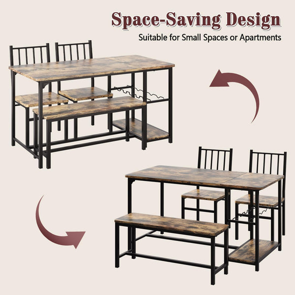 4-Person Dining Table Set with Bench, Wine Rack & Storage