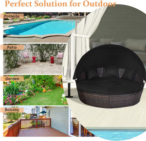 Outdoor Round Rattan Daybed with Retractable Canopy & Adjustable Coffee Table