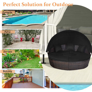 Outdoor Round Rattan Daybed with Retractable Canopy & Adjustable Coffee Table