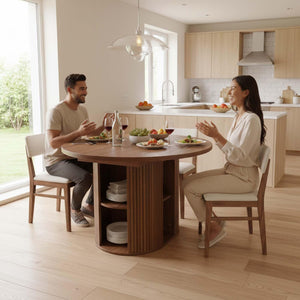 Extendable Round Dining Table 43–59 Inch with Storage Shelf