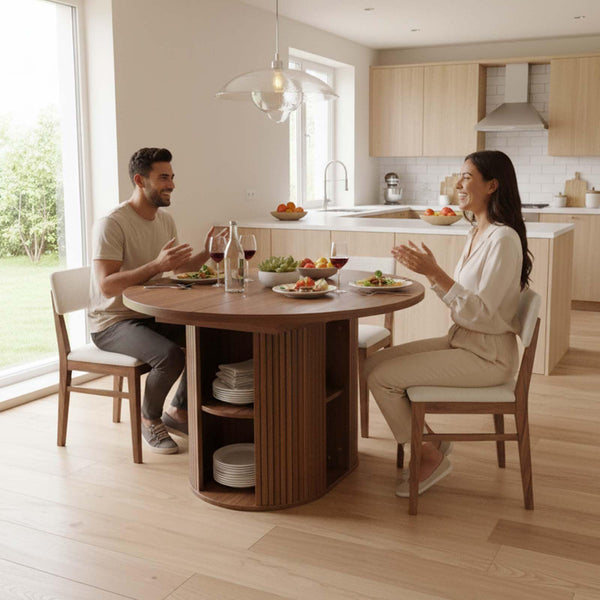 Extendable Round Dining Table 43–59 Inch with Storage Shelf