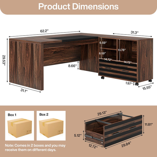 L-Shaped Executive Desk with Mobile File Cabinet and Storage Shelves