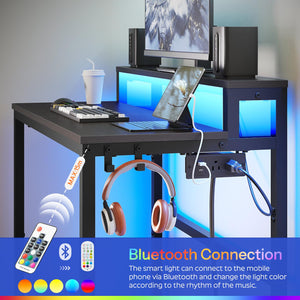 2-Tier Computer Desk with LED Lights & Charging Station