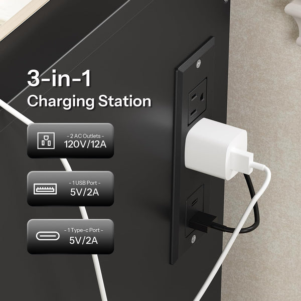 Nightstand with Charging Station, LED Light, Lockable Compartment & Drawers