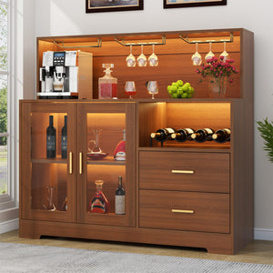 Wine Bar Cabinet with LED Light & Glass Doors