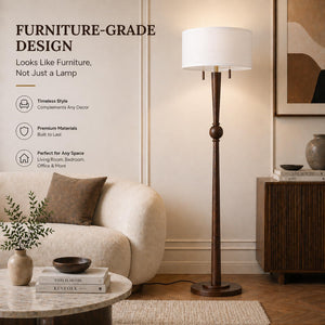 Solid Oak Wood Floor Lamp — 62.8", 2-Light Pull Chain, 17" Drum Shade, 2 LED Bulbs