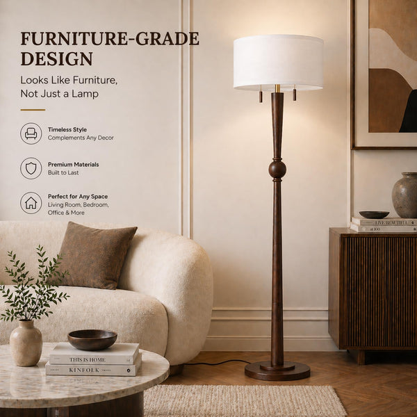 Solid Oak Wood Floor Lamp — 62.8", 2-Light Pull Chain, 17" Drum Shade, 2 LED Bulbs