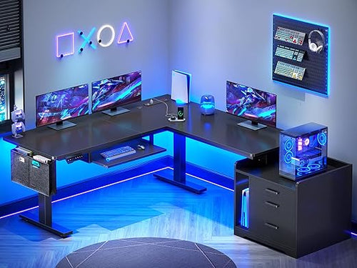 L-Shaped Electric Standing Desk with File Cabinet and LED Lights