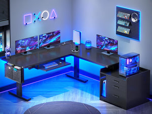 L-Shaped Electric Standing Desk with File Cabinet & Storage