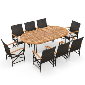 9-Piece Outdoor Wicker Dining Set with Acacia Wood Table