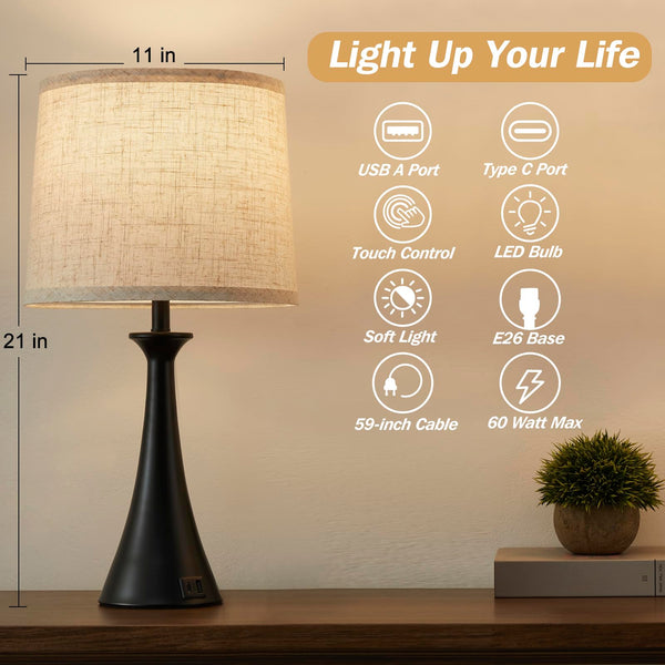 Touch Table Lamps Set of 2 – 21", USB C+A Ports, 3-Way Dimmable