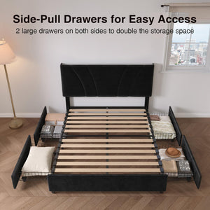 Queen Bed Frame with LED Lights, Drawers & Charging Station
