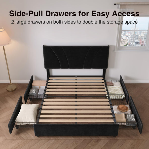 Queen Bed Frame with LED Lights, Drawers & Charging Station