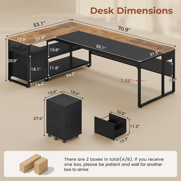L-Shaped Executive Desk with File Cabinet & Power Outlets