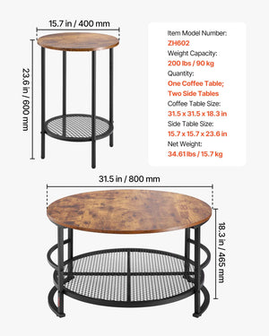 3-Piece Round Coffee Table Set with Metal Legs