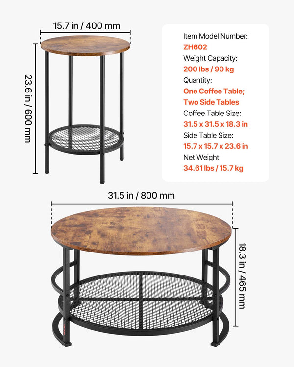 3-Piece Round Coffee Table Set with Metal Legs