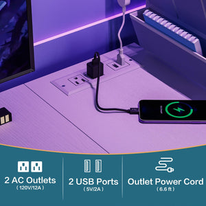 Computer Desk with LED Lights, Power Outlets & Storage – Small Gaming & Home Office Desk