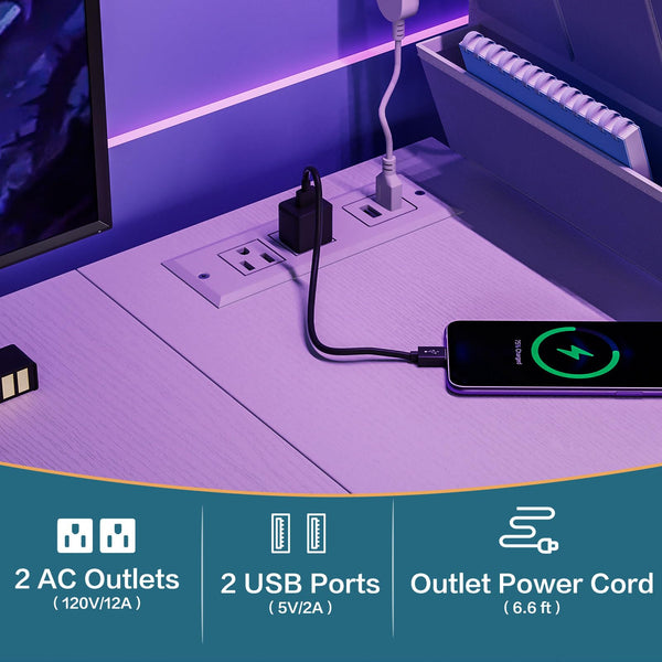 Computer Desk with LED Lights, Power Outlets & Storage – Small Gaming & Home Office Desk