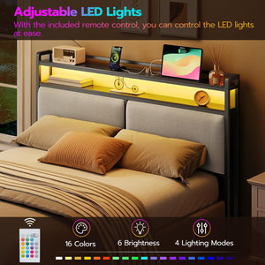 Queen Upholstered Storage Headboard with LED Lights & Charging Station