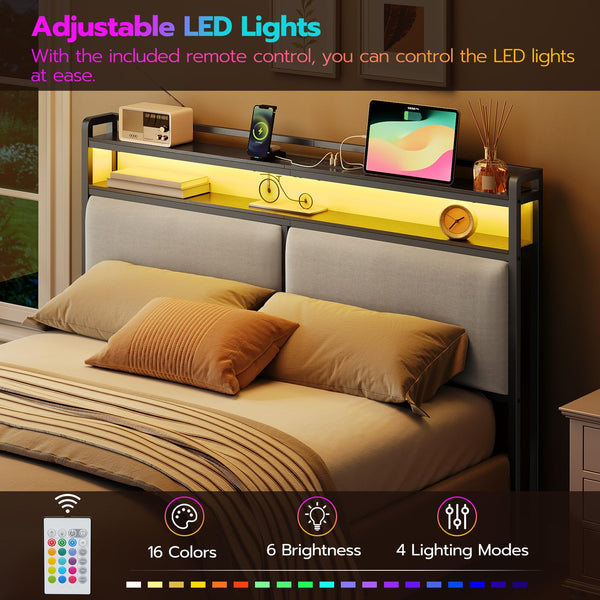 Queen Upholstered Storage Headboard with LED Lights & Charging Station