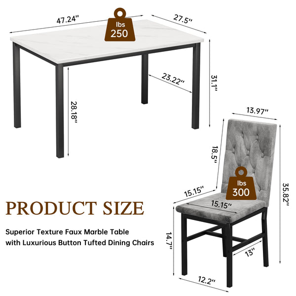5-Piece Faux Marble Dining Table Set with Button-Tufted Chairs