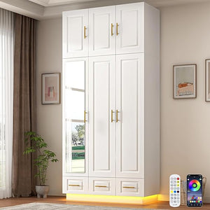 Large Armoire Wardrobe Closet with LED Lights & Drawers