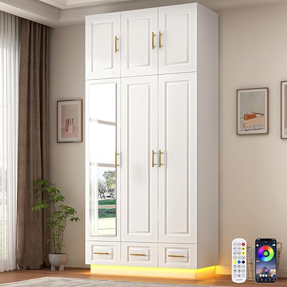 Large Armoire Wardrobe Closet with LED Lights & Drawers