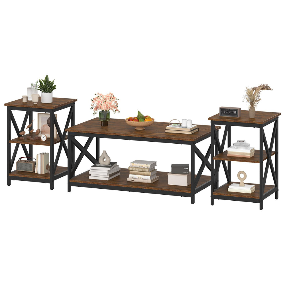 Industrial X-Design Coffee Table Set of 3 with Storage
