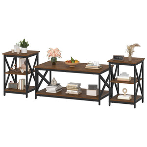 Industrial X-Design Coffee Table Set of 3 with Storage