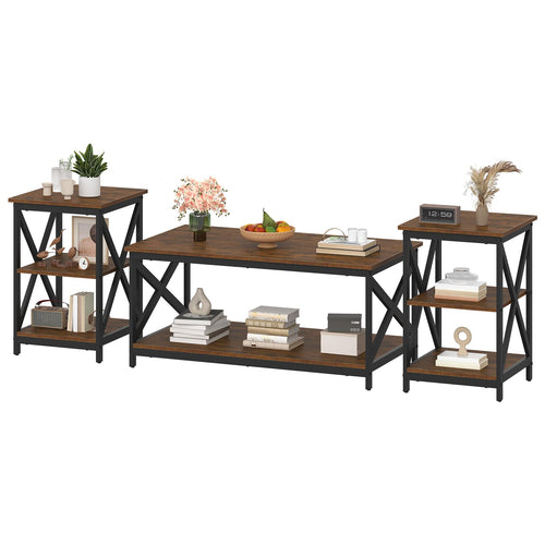 Industrial X-Design Coffee Table Set of 3 with Storage