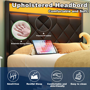 Twin Bed Frame with LED Lights, Charging Station & Upholstered Headboard