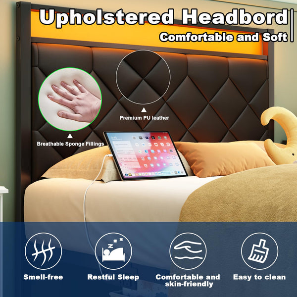Twin Bed Frame with LED Lights, Charging Station & Upholstered Headboard