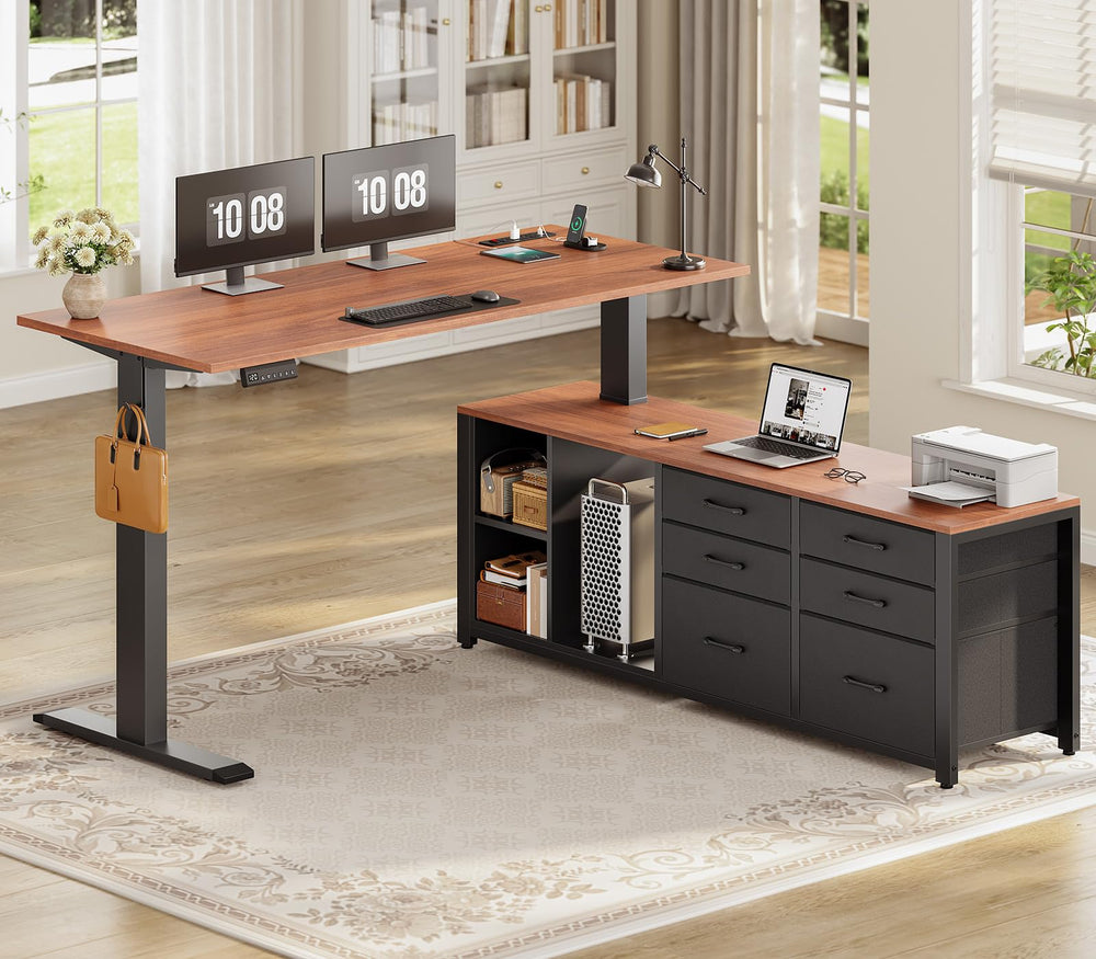 L-Shaped Electric Standing Desk 55" x 55" with 6 Drawers, Storage & Power Outlet