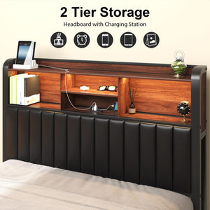 Queen & Full Platform Bed Frame with LED Lights, Storage Headboard & Charging Station