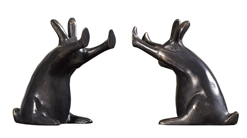 Cast Iron Pushing Rabbits Bookends Pair