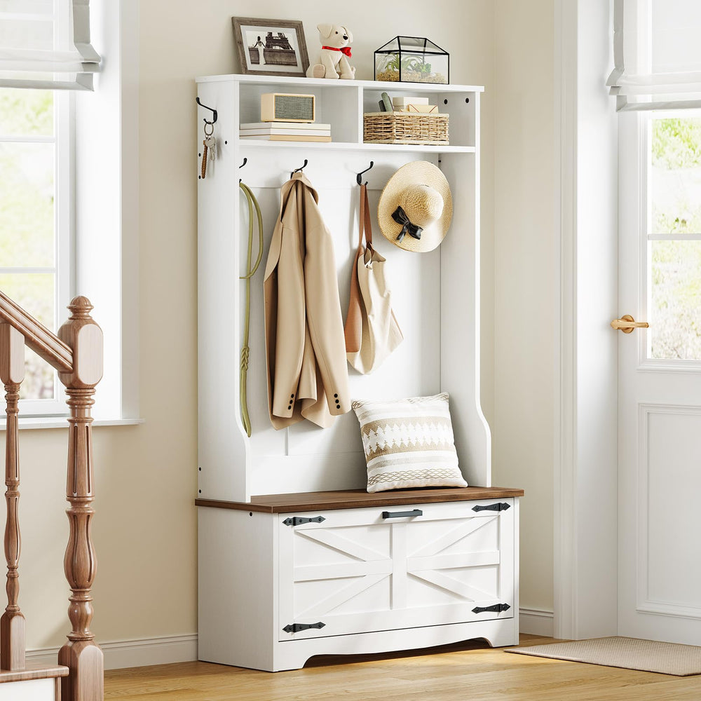 Farmhouse Hall Tree with Bench, Coat Rack & Shoe Cabinet – 31.5"L x 13.8"W x 65.7"H