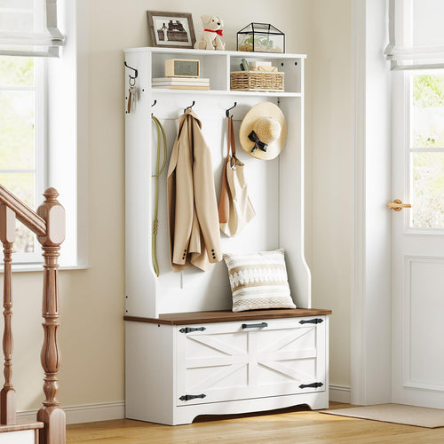 Farmhouse Hall Tree with Bench, Coat Rack & Shoe Cabinet – 31.5"L x 13.8"W x 65.7"H